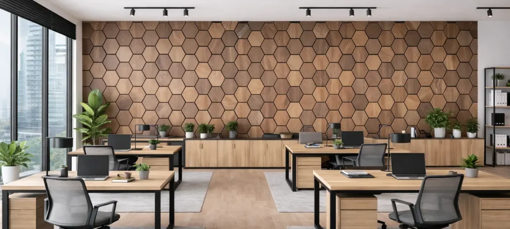 Akoestische hexagon wandpanelen in modern kantoor met geluidsdemping
