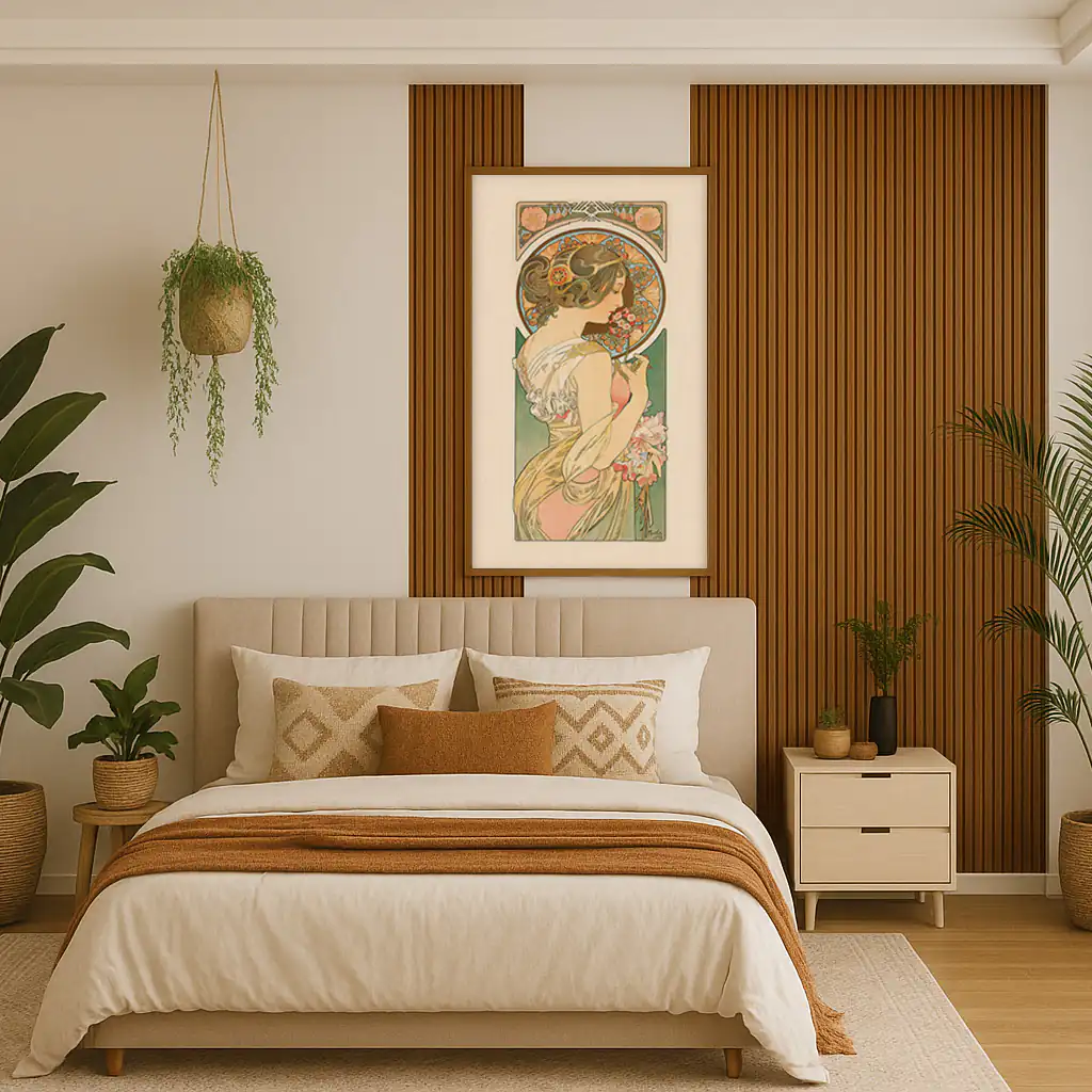 ClassicOak_WPC_01 Bedroom with an accent of our Brown Oak WPC wall panels