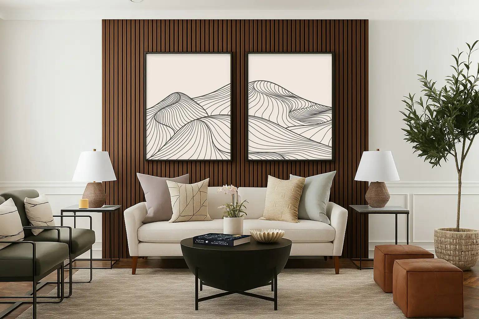 Living Room Plastic Wall Panels Living room with an accent of Brown Oak WPC Wall Panels