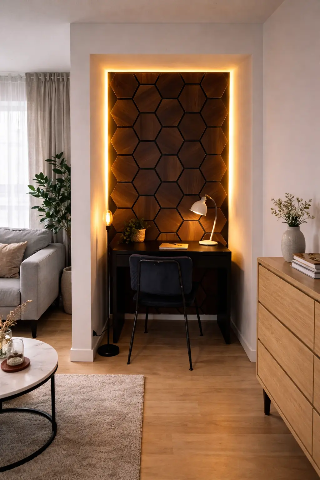 Donker eiken Hexagon akoestische wandpanelen werkruimte Donker eiken Hexagon akoestische wandpanelen werkruimte