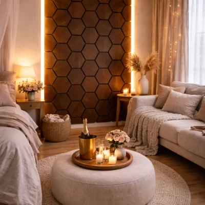 Donker eiken Hexagon wandpanelen slaapkamer