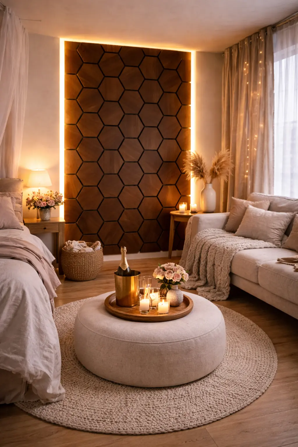 Donker eiken Hexagon wandpanelen slaapkamer Donker eiken Hexagon wandpanelen slaapkamer