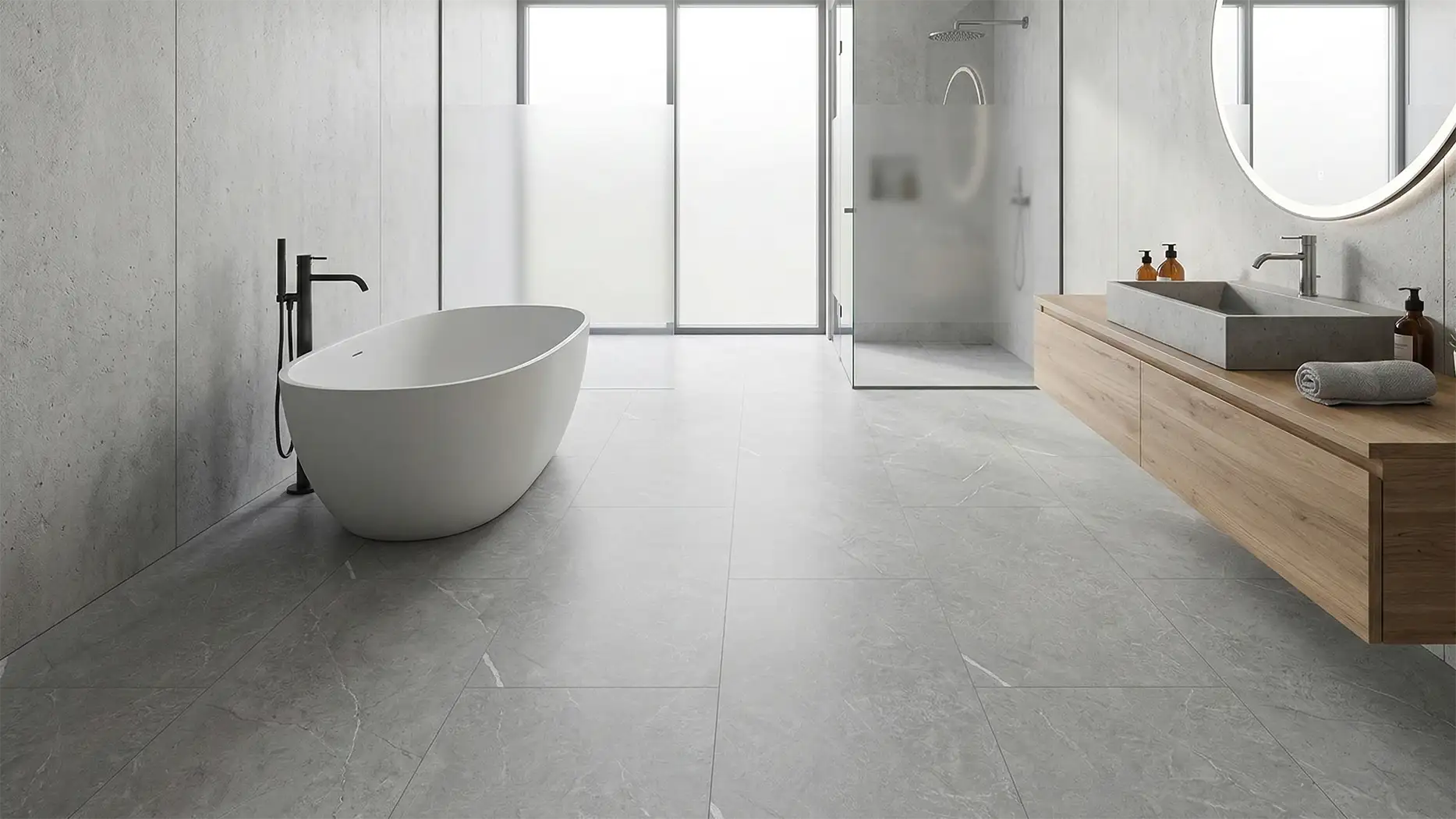 SPC vinyl vloertegels betonlook in moderne badkamer