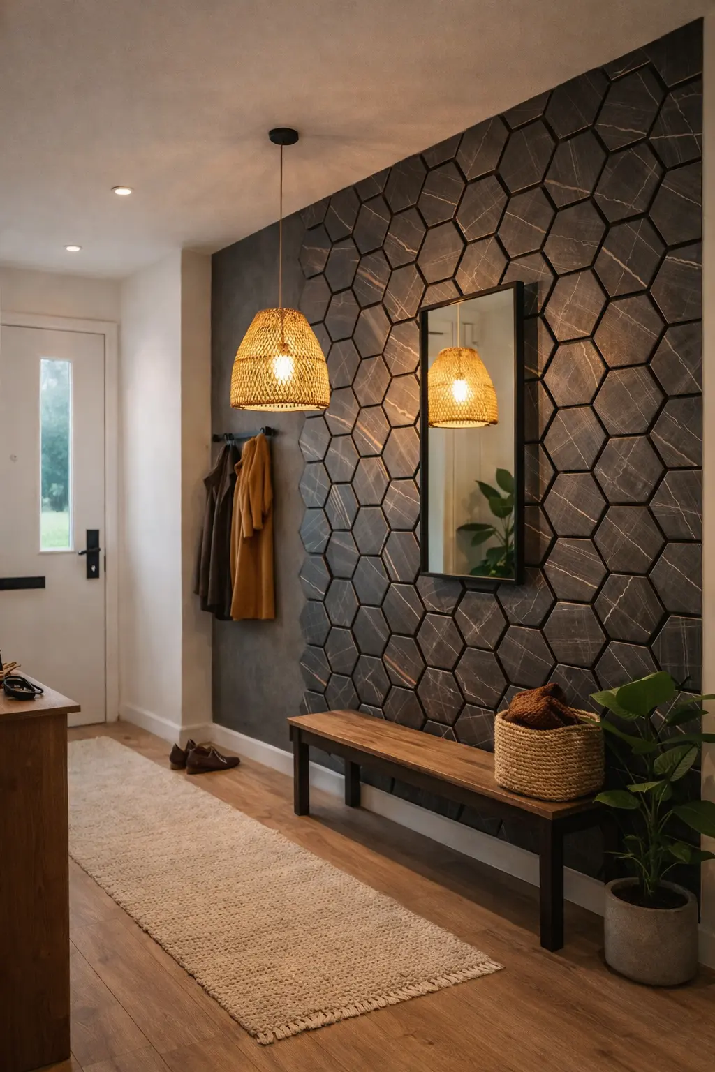 Akoestische Wandpanelen Hexagon Zwart Eiken ingang Akoestische Wandpanelen Hexagon Zwart Eiken ingang