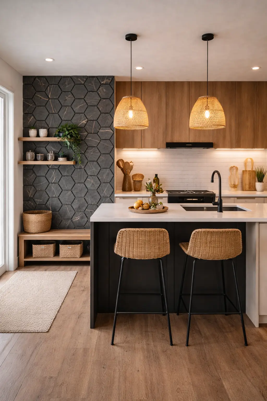 Akoestische Wandpanelen Hexagon Zwart Eiken keuken Akoestische Wandpanelen Hexagon Zwart Eiken keuken