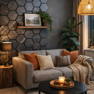 Akoestische Wandpanelen Hexagon Zwart Eiken woonkamer