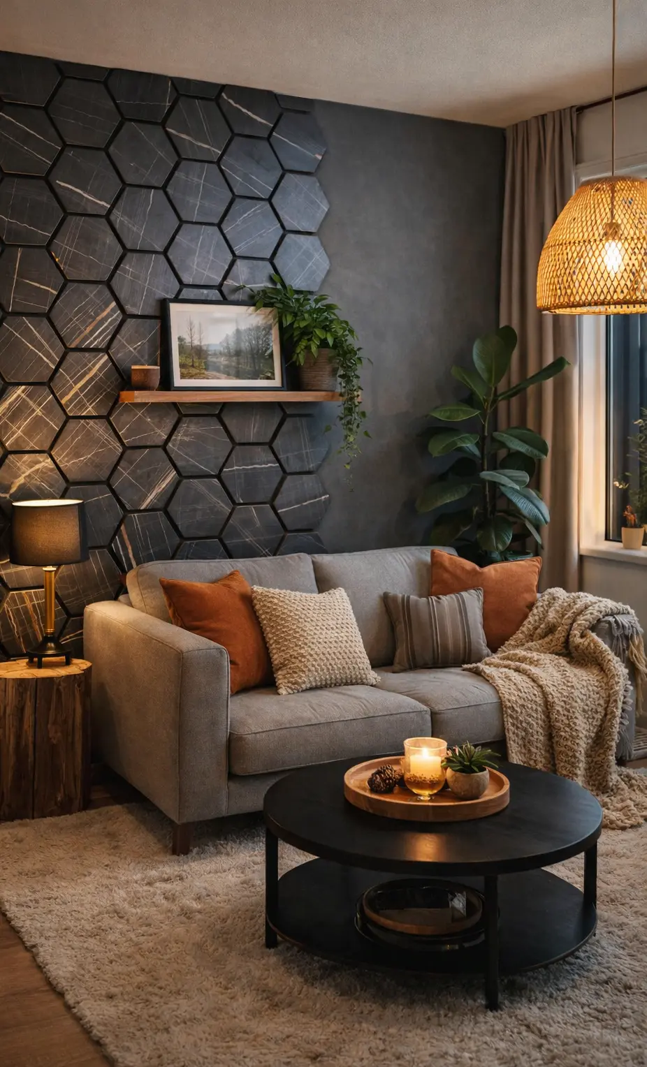 Akoestische Wandpanelen Hexagon Zwart Eiken woonkamer Akoestische Wandpanelen Hexagon Zwart Eiken woonkamer