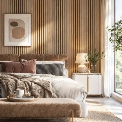Akoestische Wandpanelen Vilt Mocca Eiken 3-Zijdig slaapkamer